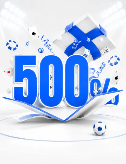KIXO9 500% welcome bonus with a blue gift box, casino chips and playing cards