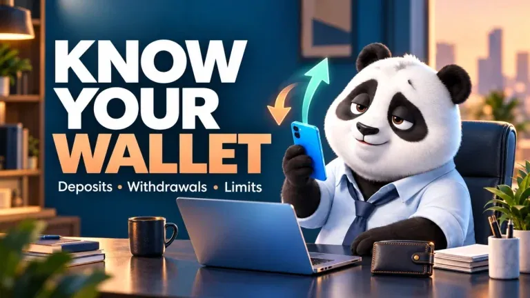 KNOW YOUR WALLET. Deposits • Withdrawals • Limits. KIXO9 panda character illustration.