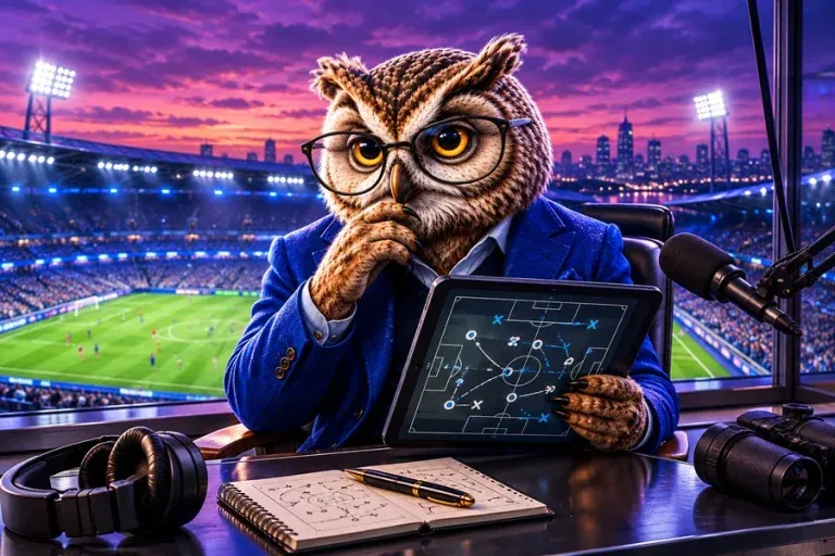 KIXO9 owl with glasses reviewing a football tactics tablet in a commentary booth