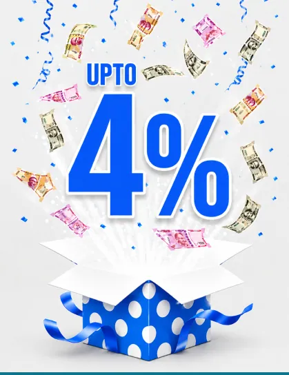 KIXO9 cashback up to 4%, with banknotes rising from a blue gift box