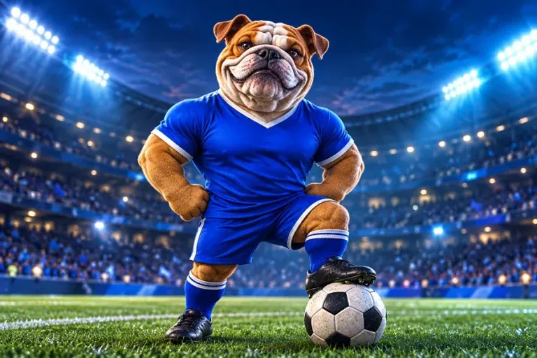 KIXO9 bulldog footballer with a ball under the stadium floodlights