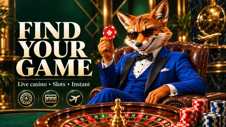 FIND YOUR GAME. Live casino • Slots • Instant. KIXO9 fox character illustration.