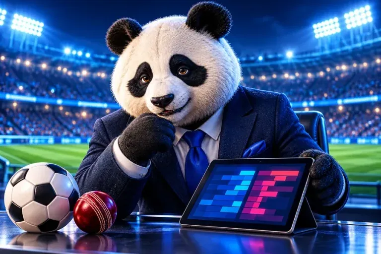 KIXO9 panda sports analyst with an exchange tablet, football and cricket ball