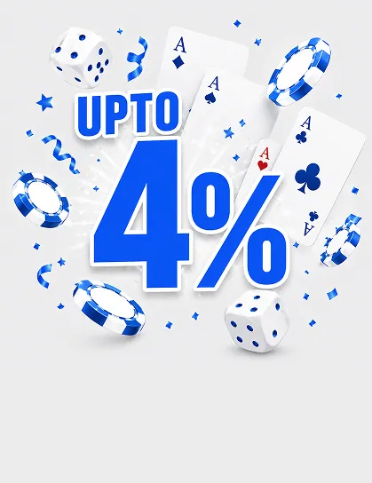 KIXO9 refill bonus up to 4%, with blue casino chips, dice and playing cards