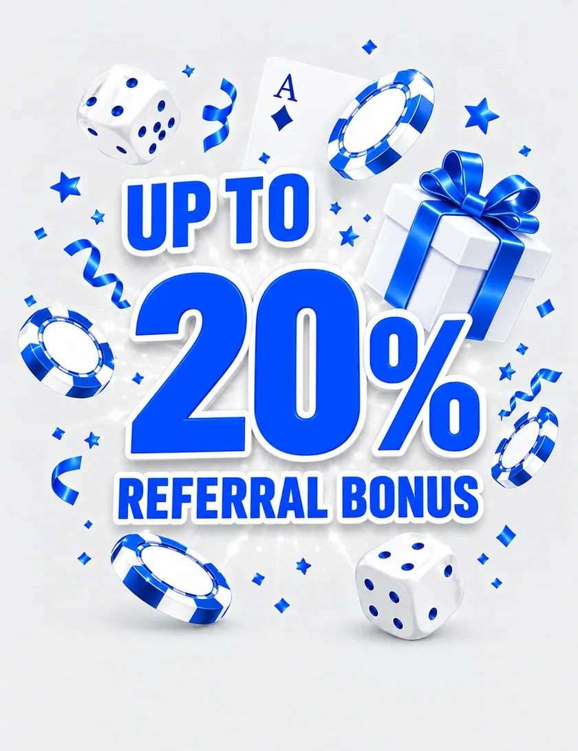 KIXO9 referral bonus up to 20%, with blue chips, dice and a gift box